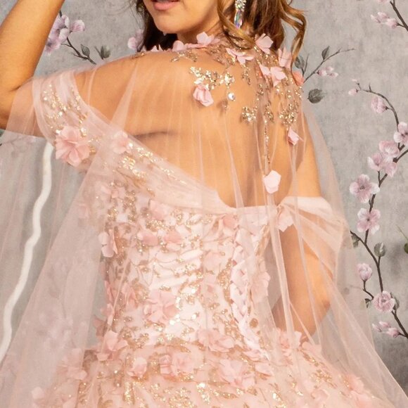 New Maxi Sleeveless Mesh Dress w/ Floral Applique & Removable Cape  GL3179 - Picture 4 of 11